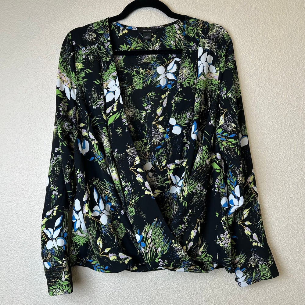Halogen Black Floral Wrap Blouse Long Sleeve V-Neck Top Business Office Chic L
